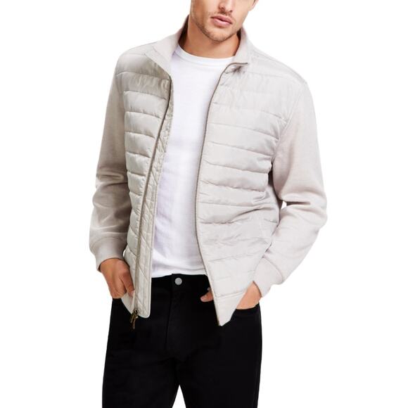Alfani Men's Grey Mixed-Media Knit/Quilted Casual Full-Zip Bomber Jacket Size S